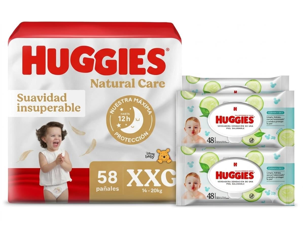 Combo Huggies Natural Care XXG 58 Unid + 4 Paquetes Pañitos Húmedos 4en1 48 Unid